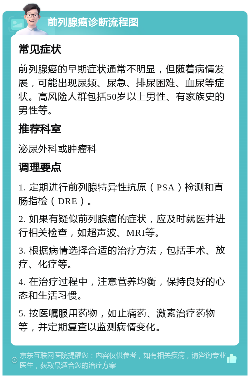 前列腺癌诊断流程图 常见症状 前列腺癌的早期症状通常不明显，但随着病情发展，可能出现尿频、尿急、排尿困难、血尿等症状。高风险人群包括50岁以上男性、有家族史的男性等。 推荐科室 泌尿外科或肿瘤科 调理要点 1. 定期进行前列腺特异性抗原（PSA）检测和直肠指检（DRE）。 2. 如果有疑似前列腺癌的症状，应及时就医并进行相关检查，如超声波、MRI等。 3. 根据病情选择合适的治疗方法，包括手术、放疗、化疗等。 4. 在治疗过程中，注意营养均衡，保持良好的心态和生活习惯。 5. 按医嘱服用药物，如止痛药、激素治疗药物等，并定期复查以监测病情变化。