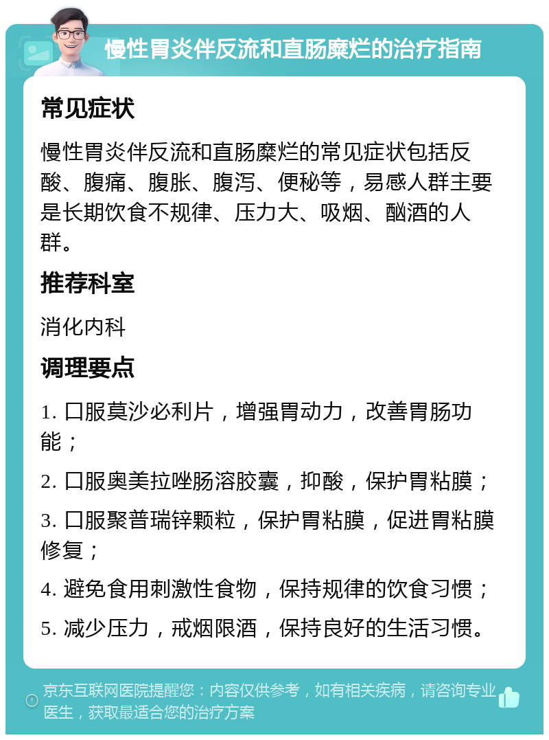 慢性胃炎伴反流和直肠糜烂的治疗指南 常见症状 慢性胃炎伴反流和直肠糜烂的常见症状包括反酸、腹痛、腹胀、腹泻、便秘等，易感人群主要是长期饮食不规律、压力大、吸烟、酗酒的人群。 推荐科室 消化内科 调理要点 1. 口服莫沙必利片，增强胃动力，改善胃肠功能； 2. 口服奥美拉唑肠溶胶囊，抑酸，保护胃粘膜； 3. 口服聚普瑞锌颗粒，保护胃粘膜，促进胃粘膜修复； 4. 避免食用刺激性食物，保持规律的饮食习惯； 5. 减少压力，戒烟限酒，保持良好的生活习惯。