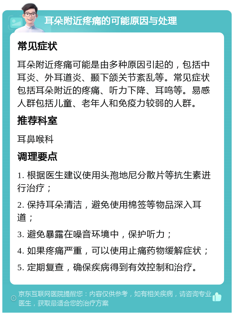 耳朵附近疼痛的可能原因与处理 常见症状 耳朵附近疼痛可能是由多种原因引起的，包括中耳炎、外耳道炎、颞下颌关节紊乱等。常见症状包括耳朵附近的疼痛、听力下降、耳鸣等。易感人群包括儿童、老年人和免疫力较弱的人群。 推荐科室 耳鼻喉科 调理要点 1. 根据医生建议使用头孢地尼分散片等抗生素进行治疗； 2. 保持耳朵清洁，避免使用棉签等物品深入耳道； 3. 避免暴露在噪音环境中，保护听力； 4. 如果疼痛严重，可以使用止痛药物缓解症状； 5. 定期复查，确保疾病得到有效控制和治疗。