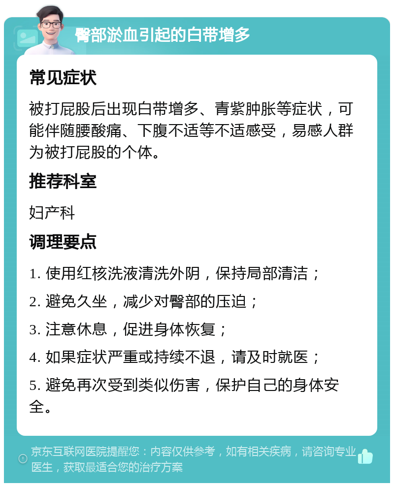 臀部淤血引起的白带增多 常见症状 被打屁股后出现白带增多、青紫肿胀等症状，可能伴随腰酸痛、下腹不适等不适感受，易感人群为被打屁股的个体。 推荐科室 妇产科 调理要点 1. 使用红核洗液清洗外阴，保持局部清洁； 2. 避免久坐，减少对臀部的压迫； 3. 注意休息，促进身体恢复； 4. 如果症状严重或持续不退，请及时就医； 5. 避免再次受到类似伤害，保护自己的身体安全。