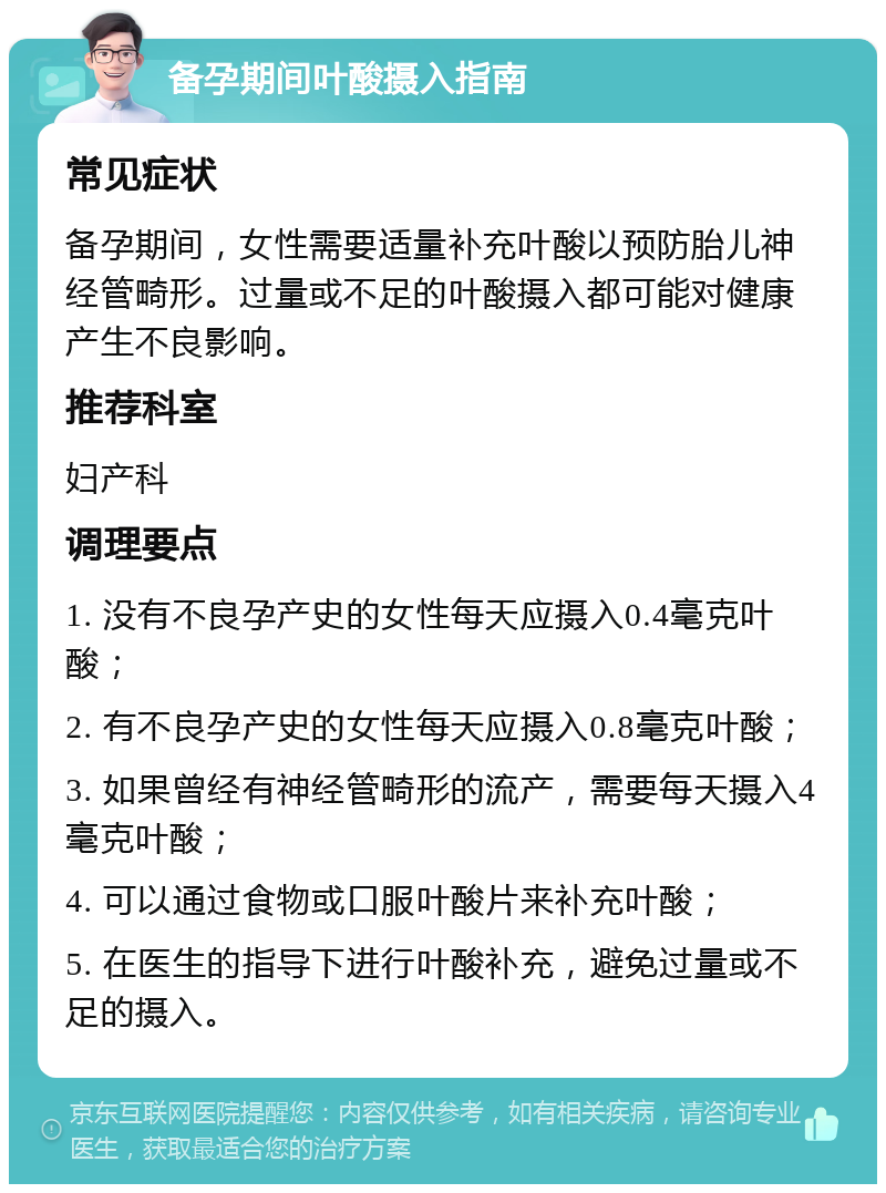 备孕期间叶酸摄入指南 常见症状 备孕期间，女性需要适量补充叶酸以预防胎儿神经管畸形。过量或不足的叶酸摄入都可能对健康产生不良影响。 推荐科室 妇产科 调理要点 1. 没有不良孕产史的女性每天应摄入0.4毫克叶酸； 2. 有不良孕产史的女性每天应摄入0.8毫克叶酸； 3. 如果曾经有神经管畸形的流产，需要每天摄入4毫克叶酸； 4. 可以通过食物或口服叶酸片来补充叶酸； 5. 在医生的指导下进行叶酸补充，避免过量或不足的摄入。