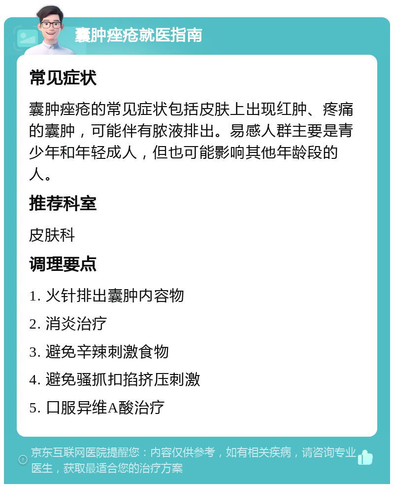 囊肿痤疮就医指南 常见症状 囊肿痤疮的常见症状包括皮肤上出现红肿、疼痛的囊肿，可能伴有脓液排出。易感人群主要是青少年和年轻成人，但也可能影响其他年龄段的人。 推荐科室 皮肤科 调理要点 1. 火针排出囊肿内容物 2. 消炎治疗 3. 避免辛辣刺激食物 4. 避免骚抓扣掐挤压刺激 5. 口服异维A酸治疗