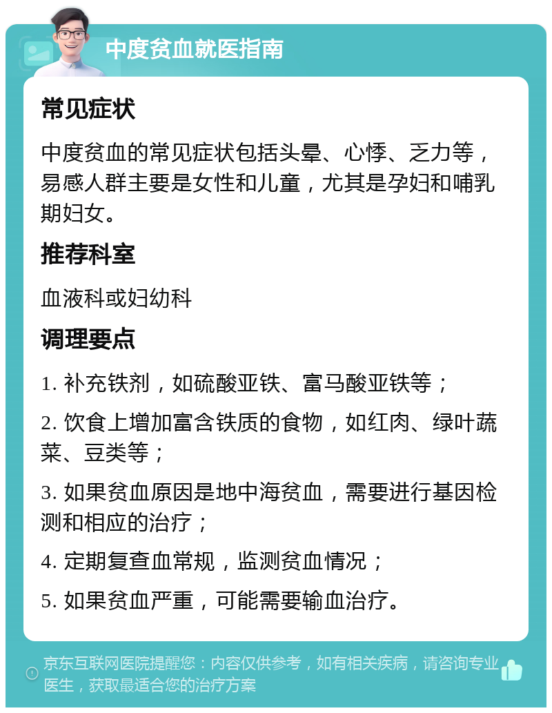 中度贫血就医指南 常见症状 中度贫血的常见症状包括头晕、心悸、乏力等，易感人群主要是女性和儿童，尤其是孕妇和哺乳期妇女。 推荐科室 血液科或妇幼科 调理要点 1. 补充铁剂，如硫酸亚铁、富马酸亚铁等； 2. 饮食上增加富含铁质的食物，如红肉、绿叶蔬菜、豆类等； 3. 如果贫血原因是地中海贫血，需要进行基因检测和相应的治疗； 4. 定期复查血常规，监测贫血情况； 5. 如果贫血严重，可能需要输血治疗。