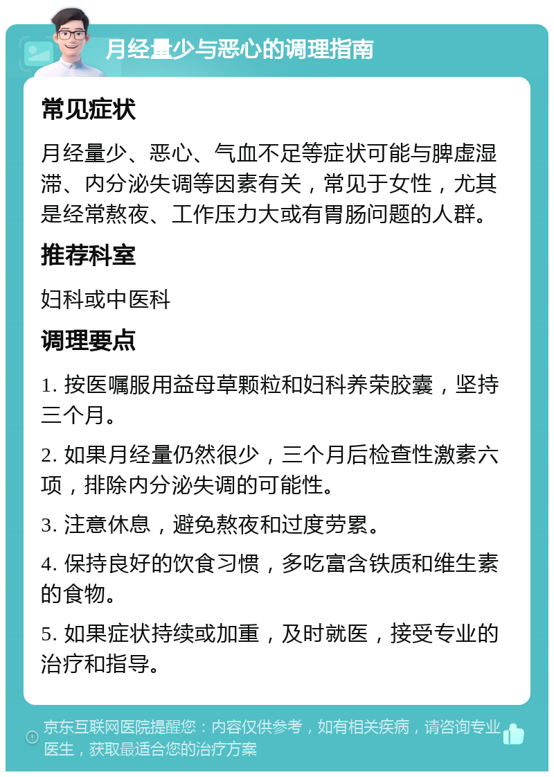 月经量少与恶心的调理指南 常见症状 月经量少、恶心、气血不足等症状可能与脾虚湿滞、内分泌失调等因素有关，常见于女性，尤其是经常熬夜、工作压力大或有胃肠问题的人群。 推荐科室 妇科或中医科 调理要点 1. 按医嘱服用益母草颗粒和妇科养荣胶囊，坚持三个月。 2. 如果月经量仍然很少，三个月后检查性激素六项，排除内分泌失调的可能性。 3. 注意休息，避免熬夜和过度劳累。 4. 保持良好的饮食习惯，多吃富含铁质和维生素的食物。 5. 如果症状持续或加重，及时就医，接受专业的治疗和指导。