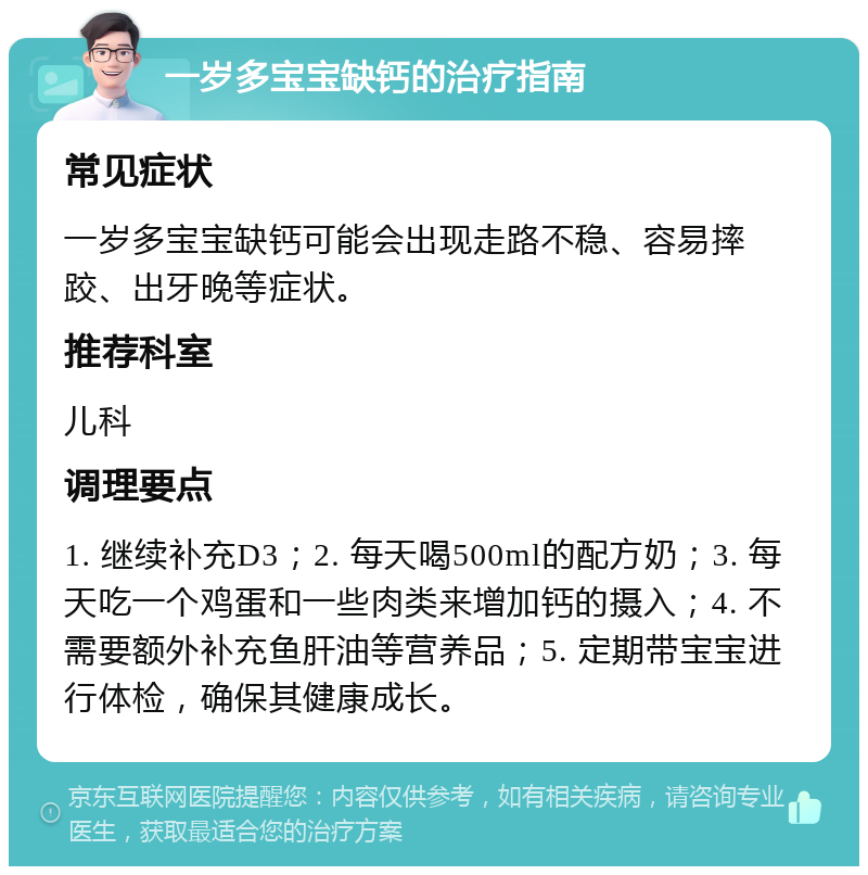 一岁多宝宝缺钙的治疗指南 常见症状 一岁多宝宝缺钙可能会出现走路不稳、容易摔跤、出牙晚等症状。 推荐科室 儿科 调理要点 1. 继续补充D3；2. 每天喝500ml的配方奶；3. 每天吃一个鸡蛋和一些肉类来增加钙的摄入；4. 不需要额外补充鱼肝油等营养品；5. 定期带宝宝进行体检，确保其健康成长。