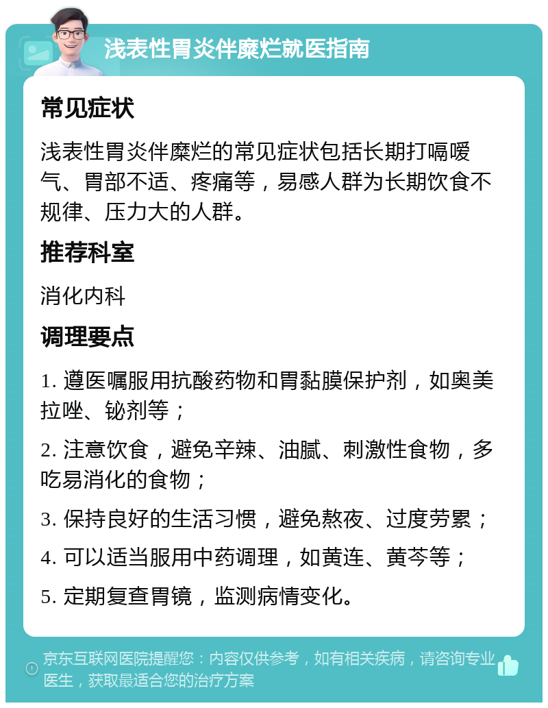 浅表性胃炎伴糜烂就医指南 常见症状 浅表性胃炎伴糜烂的常见症状包括长期打嗝嗳气、胃部不适、疼痛等，易感人群为长期饮食不规律、压力大的人群。 推荐科室 消化内科 调理要点 1. 遵医嘱服用抗酸药物和胃黏膜保护剂，如奥美拉唑、铋剂等； 2. 注意饮食，避免辛辣、油腻、刺激性食物，多吃易消化的食物； 3. 保持良好的生活习惯，避免熬夜、过度劳累； 4. 可以适当服用中药调理，如黄连、黄芩等； 5. 定期复查胃镜，监测病情变化。