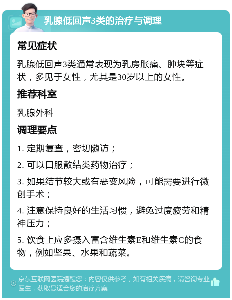 乳腺低回声3类的治疗与调理 常见症状 乳腺低回声3类通常表现为乳房胀痛、肿块等症状，多见于女性，尤其是30岁以上的女性。 推荐科室 乳腺外科 调理要点 1. 定期复查，密切随访； 2. 可以口服散结类药物治疗； 3. 如果结节较大或有恶变风险，可能需要进行微创手术； 4. 注意保持良好的生活习惯，避免过度疲劳和精神压力； 5. 饮食上应多摄入富含维生素E和维生素C的食物，例如坚果、水果和蔬菜。