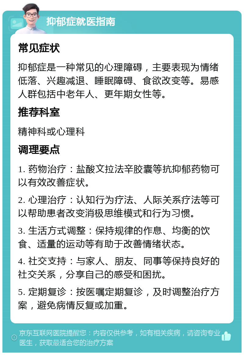 抑郁症就医指南 常见症状 抑郁症是一种常见的心理障碍，主要表现为情绪低落、兴趣减退、睡眠障碍、食欲改变等。易感人群包括中老年人、更年期女性等。 推荐科室 精神科或心理科 调理要点 1. 药物治疗：盐酸文拉法辛胶囊等抗抑郁药物可以有效改善症状。 2. 心理治疗：认知行为疗法、人际关系疗法等可以帮助患者改变消极思维模式和行为习惯。 3. 生活方式调整：保持规律的作息、均衡的饮食、适量的运动等有助于改善情绪状态。 4. 社交支持：与家人、朋友、同事等保持良好的社交关系，分享自己的感受和困扰。 5. 定期复诊：按医嘱定期复诊，及时调整治疗方案，避免病情反复或加重。