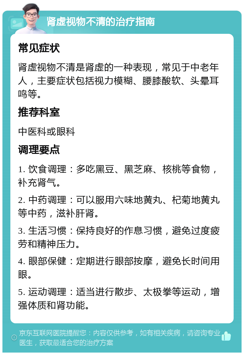 肾虚视物不清的治疗指南 常见症状 肾虚视物不清是肾虚的一种表现，常见于中老年人，主要症状包括视力模糊、腰膝酸软、头晕耳鸣等。 推荐科室 中医科或眼科 调理要点 1. 饮食调理：多吃黑豆、黑芝麻、核桃等食物，补充肾气。 2. 中药调理：可以服用六味地黄丸、杞菊地黄丸等中药，滋补肝肾。 3. 生活习惯：保持良好的作息习惯，避免过度疲劳和精神压力。 4. 眼部保健：定期进行眼部按摩，避免长时间用眼。 5. 运动调理：适当进行散步、太极拳等运动，增强体质和肾功能。