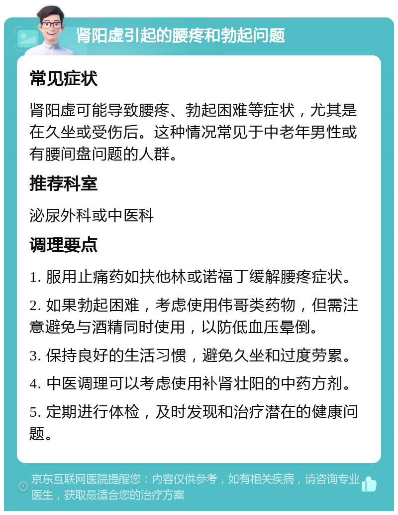 肾阳虚引起的腰疼和勃起问题 常见症状 肾阳虚可能导致腰疼、勃起困难等症状，尤其是在久坐或受伤后。这种情况常见于中老年男性或有腰间盘问题的人群。 推荐科室 泌尿外科或中医科 调理要点 1. 服用止痛药如扶他林或诺福丁缓解腰疼症状。 2. 如果勃起困难，考虑使用伟哥类药物，但需注意避免与酒精同时使用，以防低血压晕倒。 3. 保持良好的生活习惯，避免久坐和过度劳累。 4. 中医调理可以考虑使用补肾壮阳的中药方剂。 5. 定期进行体检，及时发现和治疗潜在的健康问题。