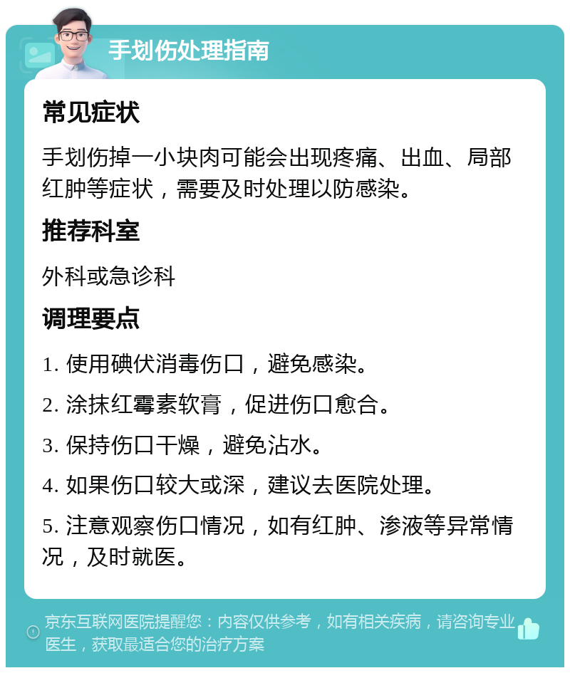 手划伤处理指南 常见症状 手划伤掉一小块肉可能会出现疼痛、出血、局部红肿等症状，需要及时处理以防感染。 推荐科室 外科或急诊科 调理要点 1. 使用碘伏消毒伤口，避免感染。 2. 涂抹红霉素软膏，促进伤口愈合。 3. 保持伤口干燥，避免沾水。 4. 如果伤口较大或深，建议去医院处理。 5. 注意观察伤口情况，如有红肿、渗液等异常情况，及时就医。