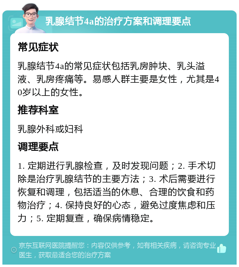 乳腺结节4a的治疗方案和调理要点 常见症状 乳腺结节4a的常见症状包括乳房肿块、乳头溢液、乳房疼痛等。易感人群主要是女性，尤其是40岁以上的女性。 推荐科室 乳腺外科或妇科 调理要点 1. 定期进行乳腺检查，及时发现问题；2. 手术切除是治疗乳腺结节的主要方法；3. 术后需要进行恢复和调理，包括适当的休息、合理的饮食和药物治疗；4. 保持良好的心态，避免过度焦虑和压力；5. 定期复查，确保病情稳定。