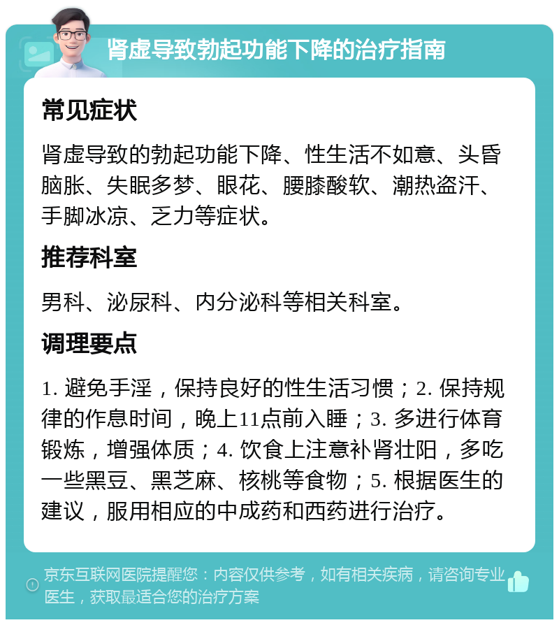 肾虚导致勃起功能下降的治疗指南 常见症状 肾虚导致的勃起功能下降、性生活不如意、头昏脑胀、失眠多梦、眼花、腰膝酸软、潮热盗汗、手脚冰凉、乏力等症状。 推荐科室 男科、泌尿科、内分泌科等相关科室。 调理要点 1. 避免手淫，保持良好的性生活习惯；2. 保持规律的作息时间，晚上11点前入睡；3. 多进行体育锻炼，增强体质；4. 饮食上注意补肾壮阳，多吃一些黑豆、黑芝麻、核桃等食物；5. 根据医生的建议，服用相应的中成药和西药进行治疗。