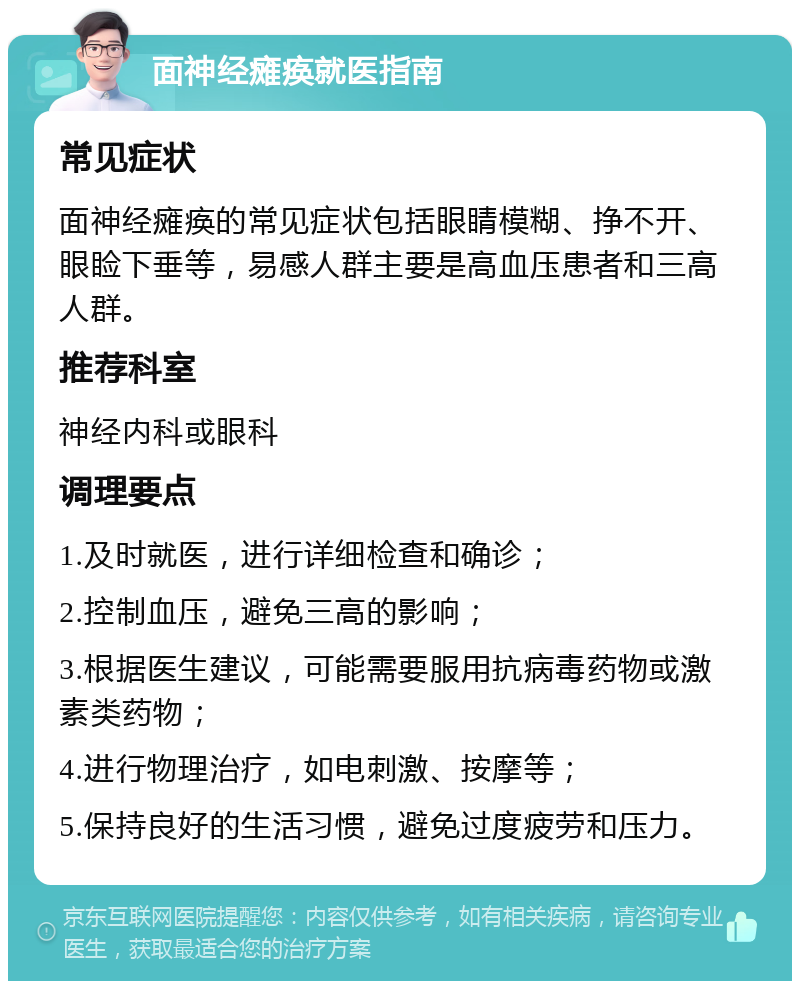 面神经瘫痪就医指南 常见症状 面神经瘫痪的常见症状包括眼睛模糊、挣不开、眼睑下垂等，易感人群主要是高血压患者和三高人群。 推荐科室 神经内科或眼科 调理要点 1.及时就医，进行详细检查和确诊； 2.控制血压，避免三高的影响； 3.根据医生建议，可能需要服用抗病毒药物或激素类药物； 4.进行物理治疗，如电刺激、按摩等； 5.保持良好的生活习惯，避免过度疲劳和压力。