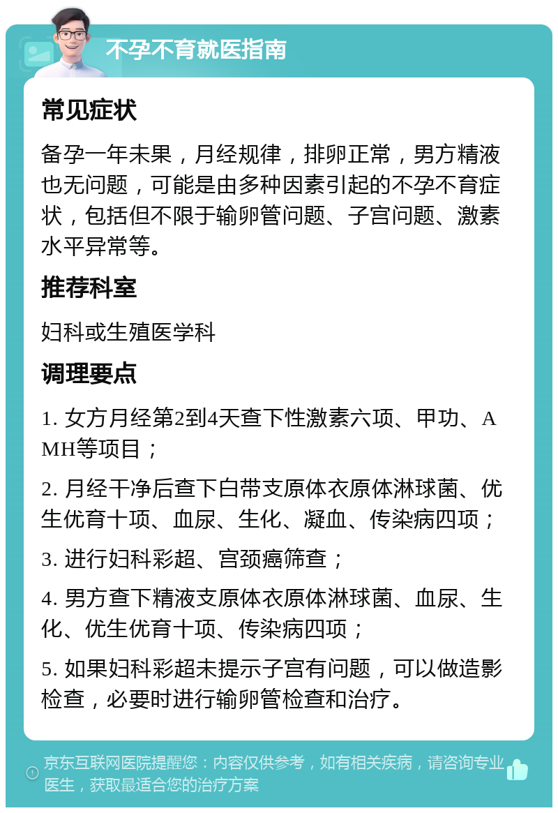 不孕不育就医指南 常见症状 备孕一年未果，月经规律，排卵正常，男方精液也无问题，可能是由多种因素引起的不孕不育症状，包括但不限于输卵管问题、子宫问题、激素水平异常等。 推荐科室 妇科或生殖医学科 调理要点 1. 女方月经第2到4天查下性激素六项、甲功、AMH等项目； 2. 月经干净后查下白带支原体衣原体淋球菌、优生优育十项、血尿、生化、凝血、传染病四项； 3. 进行妇科彩超、宫颈癌筛查； 4. 男方查下精液支原体衣原体淋球菌、血尿、生化、优生优育十项、传染病四项； 5. 如果妇科彩超未提示子宫有问题，可以做造影检查，必要时进行输卵管检查和治疗。