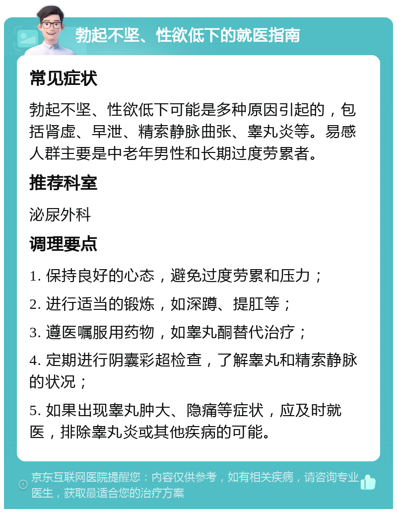 勃起不坚、性欲低下的就医指南 常见症状 勃起不坚、性欲低下可能是多种原因引起的，包括肾虚、早泄、精索静脉曲张、睾丸炎等。易感人群主要是中老年男性和长期过度劳累者。 推荐科室 泌尿外科 调理要点 1. 保持良好的心态，避免过度劳累和压力； 2. 进行适当的锻炼，如深蹲、提肛等； 3. 遵医嘱服用药物，如睾丸酮替代治疗； 4. 定期进行阴囊彩超检查，了解睾丸和精索静脉的状况； 5. 如果出现睾丸肿大、隐痛等症状，应及时就医，排除睾丸炎或其他疾病的可能。