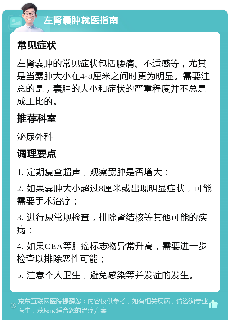 左肾囊肿就医指南 常见症状 左肾囊肿的常见症状包括腰痛、不适感等，尤其是当囊肿大小在4-8厘米之间时更为明显。需要注意的是，囊肿的大小和症状的严重程度并不总是成正比的。 推荐科室 泌尿外科 调理要点 1. 定期复查超声，观察囊肿是否增大； 2. 如果囊肿大小超过8厘米或出现明显症状，可能需要手术治疗； 3. 进行尿常规检查，排除肾结核等其他可能的疾病； 4. 如果CEA等肿瘤标志物异常升高，需要进一步检查以排除恶性可能； 5. 注意个人卫生，避免感染等并发症的发生。