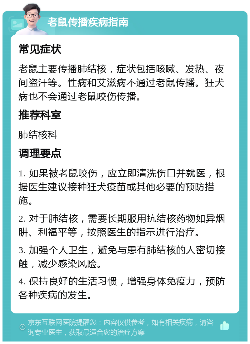 老鼠传播疾病指南 常见症状 老鼠主要传播肺结核，症状包括咳嗽、发热、夜间盗汗等。性病和艾滋病不通过老鼠传播。狂犬病也不会通过老鼠咬伤传播。 推荐科室 肺结核科 调理要点 1. 如果被老鼠咬伤，应立即清洗伤口并就医，根据医生建议接种狂犬疫苗或其他必要的预防措施。 2. 对于肺结核，需要长期服用抗结核药物如异烟肼、利福平等，按照医生的指示进行治疗。 3. 加强个人卫生，避免与患有肺结核的人密切接触，减少感染风险。 4. 保持良好的生活习惯，增强身体免疫力，预防各种疾病的发生。