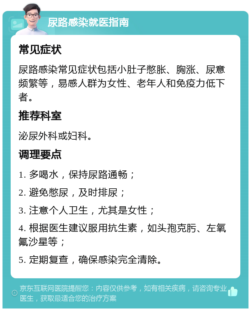 尿路感染就医指南 常见症状 尿路感染常见症状包括小肚子憋胀、胸涨、尿意频繁等，易感人群为女性、老年人和免疫力低下者。 推荐科室 泌尿外科或妇科。 调理要点 1. 多喝水，保持尿路通畅； 2. 避免憋尿，及时排尿； 3. 注意个人卫生，尤其是女性； 4. 根据医生建议服用抗生素，如头孢克肟、左氧氟沙星等； 5. 定期复查，确保感染完全清除。