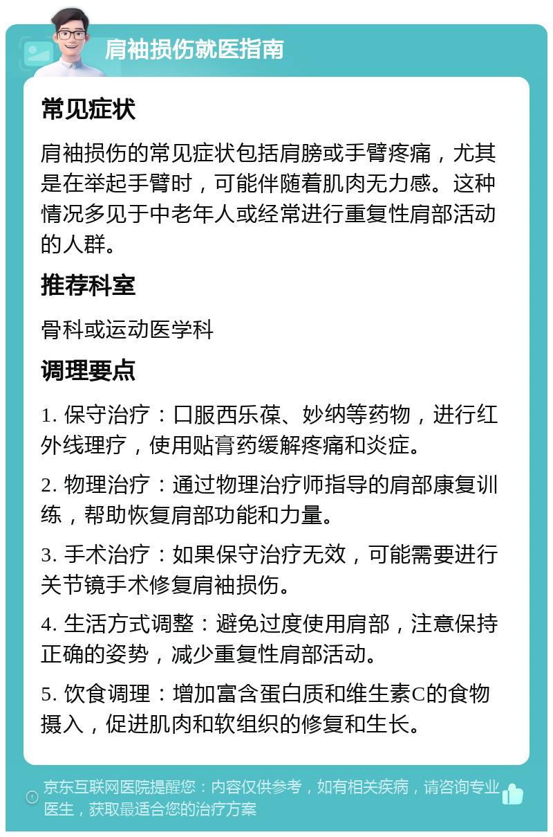 肩袖损伤就医指南 常见症状 肩袖损伤的常见症状包括肩膀或手臂疼痛，尤其是在举起手臂时，可能伴随着肌肉无力感。这种情况多见于中老年人或经常进行重复性肩部活动的人群。 推荐科室 骨科或运动医学科 调理要点 1. 保守治疗：口服西乐葆、妙纳等药物，进行红外线理疗，使用贴膏药缓解疼痛和炎症。 2. 物理治疗：通过物理治疗师指导的肩部康复训练，帮助恢复肩部功能和力量。 3. 手术治疗：如果保守治疗无效，可能需要进行关节镜手术修复肩袖损伤。 4. 生活方式调整：避免过度使用肩部，注意保持正确的姿势，减少重复性肩部活动。 5. 饮食调理：增加富含蛋白质和维生素C的食物摄入，促进肌肉和软组织的修复和生长。