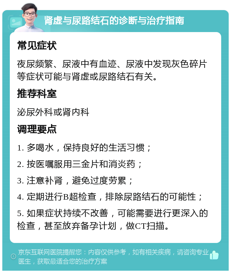 肾虚与尿路结石的诊断与治疗指南 常见症状 夜尿频繁、尿液中有血迹、尿液中发现灰色碎片等症状可能与肾虚或尿路结石有关。 推荐科室 泌尿外科或肾内科 调理要点 1. 多喝水，保持良好的生活习惯； 2. 按医嘱服用三金片和消炎药； 3. 注意补肾，避免过度劳累； 4. 定期进行B超检查，排除尿路结石的可能性； 5. 如果症状持续不改善，可能需要进行更深入的检查，甚至放弃备孕计划，做CT扫描。