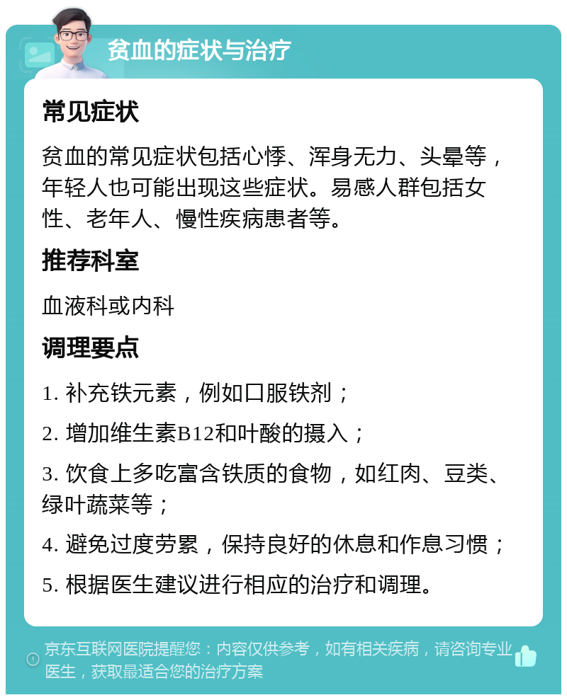 贫血的症状与治疗 常见症状 贫血的常见症状包括心悸、浑身无力、头晕等，年轻人也可能出现这些症状。易感人群包括女性、老年人、慢性疾病患者等。 推荐科室 血液科或内科 调理要点 1. 补充铁元素，例如口服铁剂； 2. 增加维生素B12和叶酸的摄入； 3. 饮食上多吃富含铁质的食物，如红肉、豆类、绿叶蔬菜等； 4. 避免过度劳累，保持良好的休息和作息习惯； 5. 根据医生建议进行相应的治疗和调理。