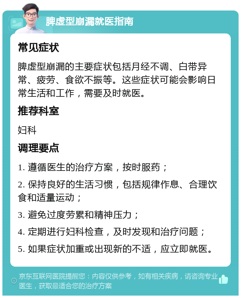 脾虚型崩漏就医指南 常见症状 脾虚型崩漏的主要症状包括月经不调、白带异常、疲劳、食欲不振等。这些症状可能会影响日常生活和工作，需要及时就医。 推荐科室 妇科 调理要点 1. 遵循医生的治疗方案，按时服药； 2. 保持良好的生活习惯，包括规律作息、合理饮食和适量运动； 3. 避免过度劳累和精神压力； 4. 定期进行妇科检查，及时发现和治疗问题； 5. 如果症状加重或出现新的不适，应立即就医。