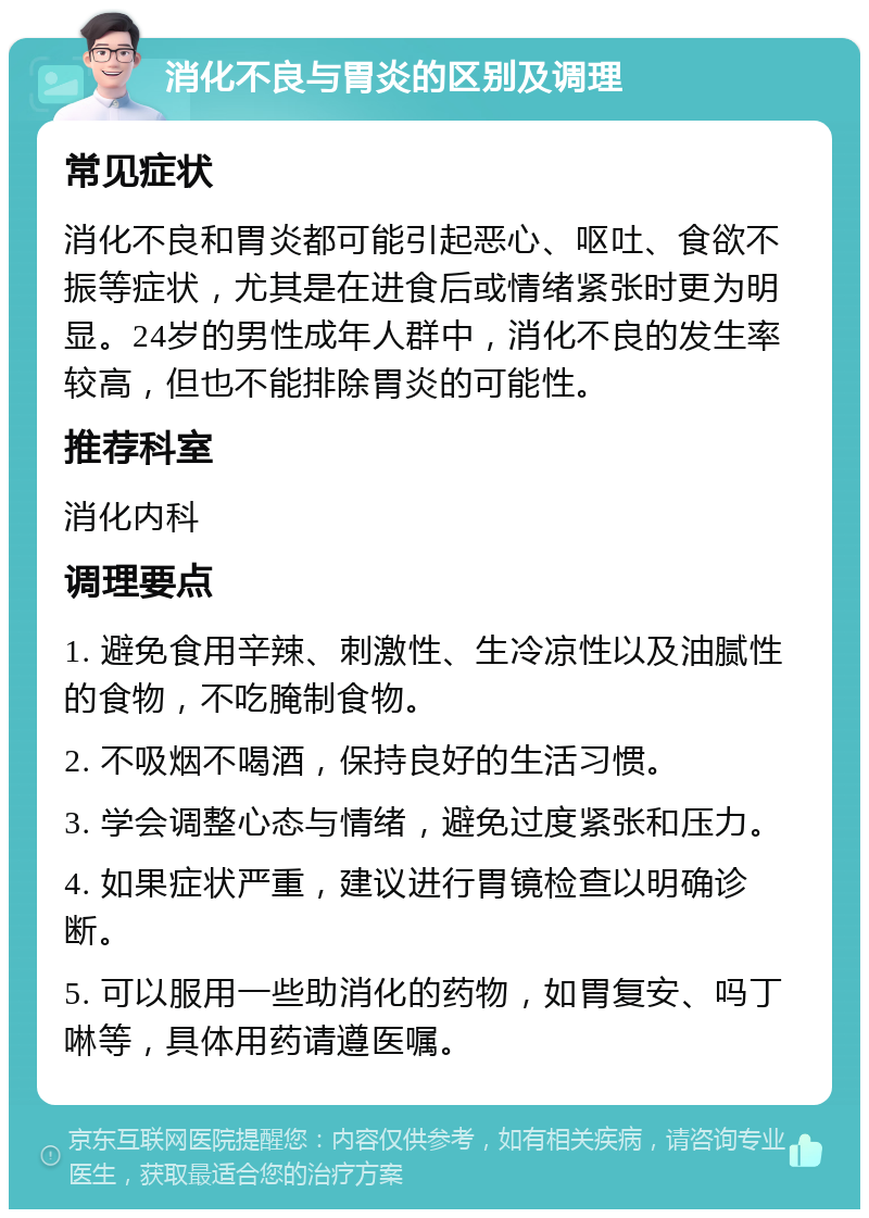 消化不良与胃炎的区别及调理 常见症状 消化不良和胃炎都可能引起恶心、呕吐、食欲不振等症状，尤其是在进食后或情绪紧张时更为明显。24岁的男性成年人群中，消化不良的发生率较高，但也不能排除胃炎的可能性。 推荐科室 消化内科 调理要点 1. 避免食用辛辣、刺激性、生冷凉性以及油腻性的食物，不吃腌制食物。 2. 不吸烟不喝酒，保持良好的生活习惯。 3. 学会调整心态与情绪，避免过度紧张和压力。 4. 如果症状严重，建议进行胃镜检查以明确诊断。 5. 可以服用一些助消化的药物，如胃复安、吗丁啉等，具体用药请遵医嘱。