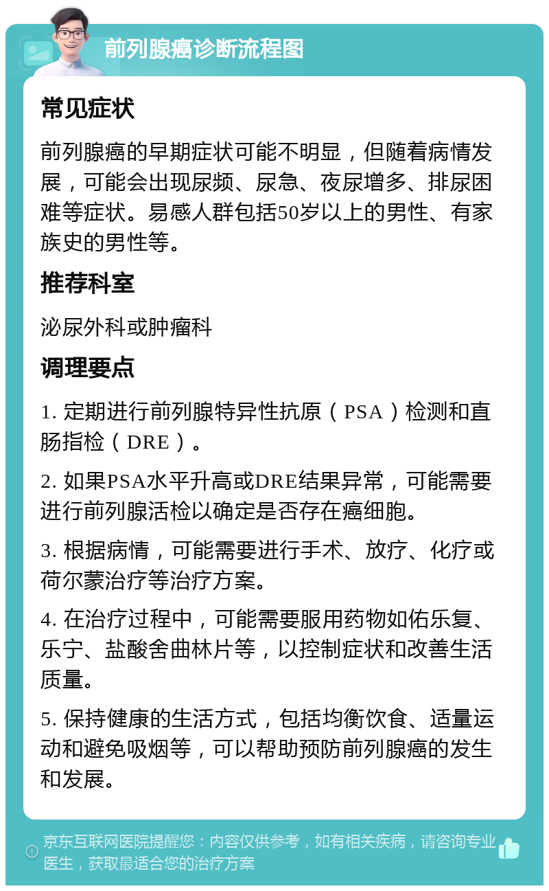 前列腺癌诊断流程图 常见症状 前列腺癌的早期症状可能不明显，但随着病情发展，可能会出现尿频、尿急、夜尿增多、排尿困难等症状。易感人群包括50岁以上的男性、有家族史的男性等。 推荐科室 泌尿外科或肿瘤科 调理要点 1. 定期进行前列腺特异性抗原（PSA）检测和直肠指检（DRE）。 2. 如果PSA水平升高或DRE结果异常，可能需要进行前列腺活检以确定是否存在癌细胞。 3. 根据病情，可能需要进行手术、放疗、化疗或荷尔蒙治疗等治疗方案。 4. 在治疗过程中，可能需要服用药物如佑乐复、乐宁、盐酸舍曲林片等，以控制症状和改善生活质量。 5. 保持健康的生活方式，包括均衡饮食、适量运动和避免吸烟等，可以帮助预防前列腺癌的发生和发展。