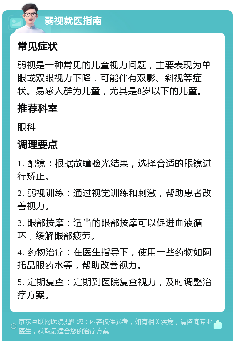 弱视就医指南 常见症状 弱视是一种常见的儿童视力问题，主要表现为单眼或双眼视力下降，可能伴有双影、斜视等症状。易感人群为儿童，尤其是8岁以下的儿童。 推荐科室 眼科 调理要点 1. 配镜：根据散瞳验光结果，选择合适的眼镜进行矫正。 2. 弱视训练：通过视觉训练和刺激，帮助患者改善视力。 3. 眼部按摩：适当的眼部按摩可以促进血液循环，缓解眼部疲劳。 4. 药物治疗：在医生指导下，使用一些药物如阿托品眼药水等，帮助改善视力。 5. 定期复查：定期到医院复查视力，及时调整治疗方案。