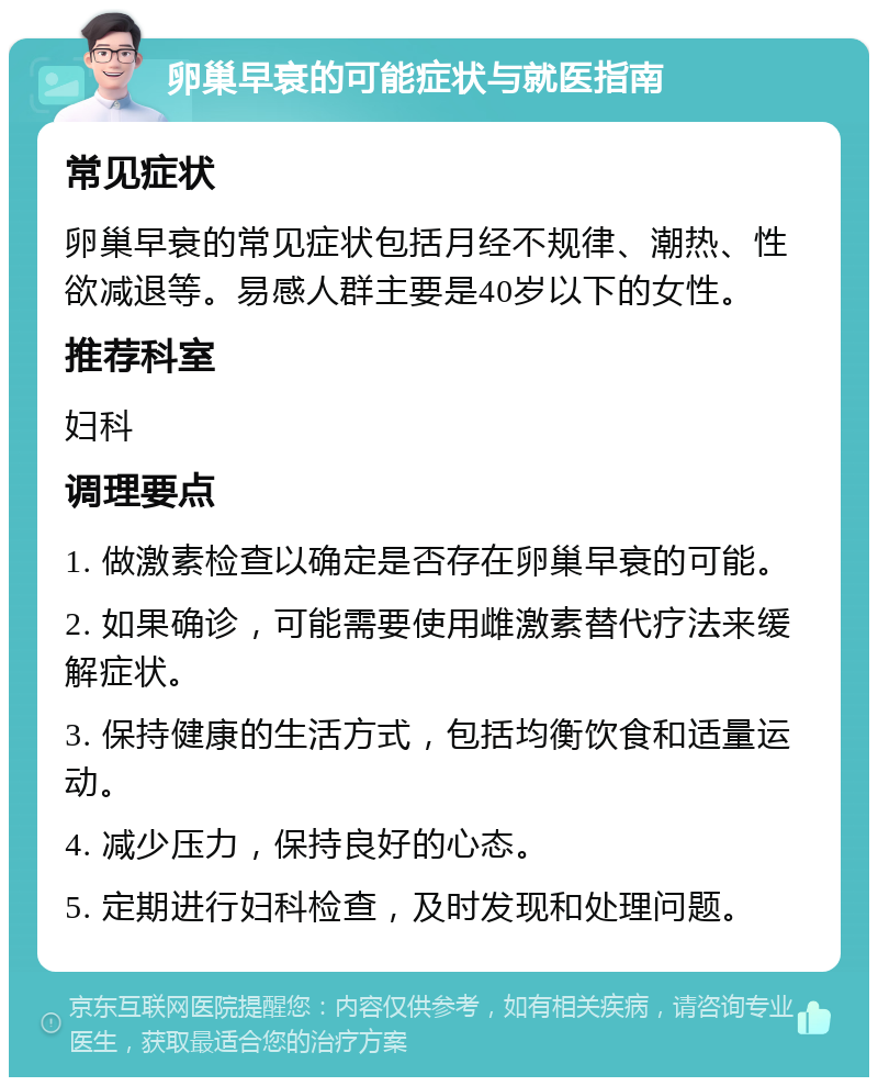 卵巢早衰的可能症状与就医指南 常见症状 卵巢早衰的常见症状包括月经不规律、潮热、性欲减退等。易感人群主要是40岁以下的女性。 推荐科室 妇科 调理要点 1. 做激素检查以确定是否存在卵巢早衰的可能。 2. 如果确诊，可能需要使用雌激素替代疗法来缓解症状。 3. 保持健康的生活方式，包括均衡饮食和适量运动。 4. 减少压力，保持良好的心态。 5. 定期进行妇科检查，及时发现和处理问题。