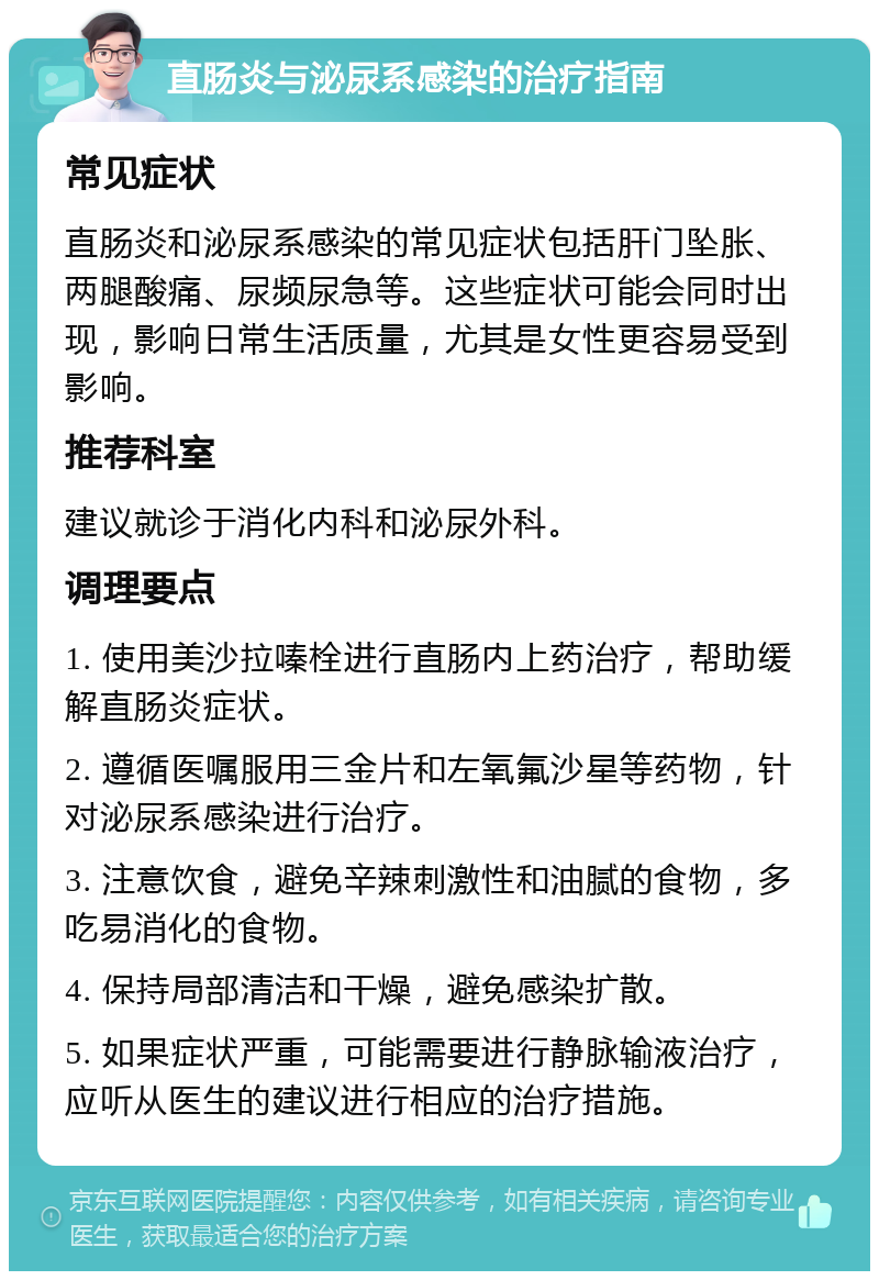 直肠炎与泌尿系感染的治疗指南 常见症状 直肠炎和泌尿系感染的常见症状包括肝门坠胀、两腿酸痛、尿频尿急等。这些症状可能会同时出现，影响日常生活质量，尤其是女性更容易受到影响。 推荐科室 建议就诊于消化内科和泌尿外科。 调理要点 1. 使用美沙拉嗪栓进行直肠内上药治疗，帮助缓解直肠炎症状。 2. 遵循医嘱服用三金片和左氧氟沙星等药物，针对泌尿系感染进行治疗。 3. 注意饮食，避免辛辣刺激性和油腻的食物，多吃易消化的食物。 4. 保持局部清洁和干燥，避免感染扩散。 5. 如果症状严重，可能需要进行静脉输液治疗，应听从医生的建议进行相应的治疗措施。