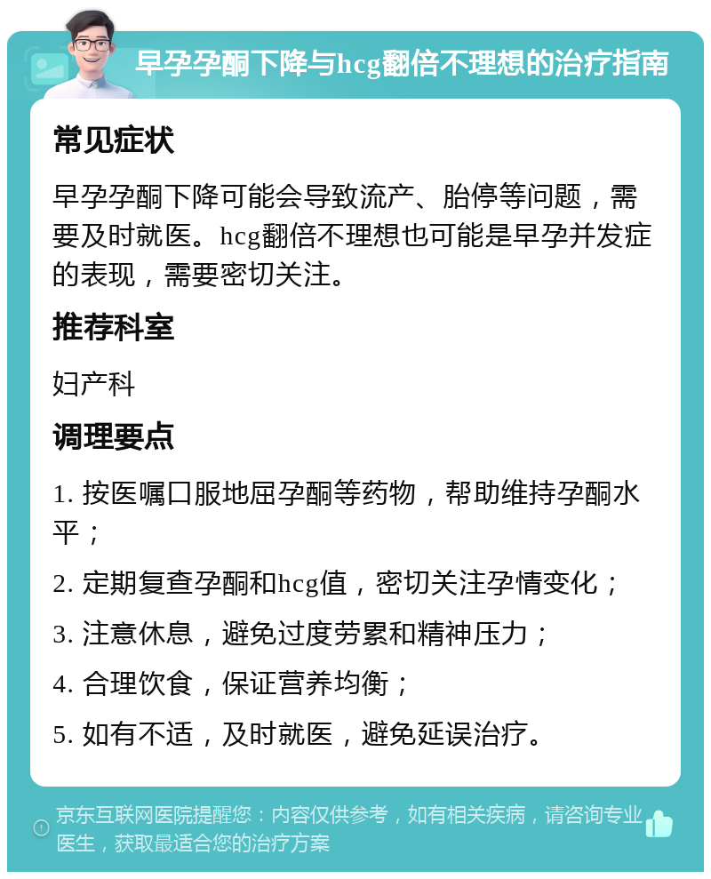 早孕孕酮下降与hcg翻倍不理想的治疗指南 常见症状 早孕孕酮下降可能会导致流产、胎停等问题，需要及时就医。hcg翻倍不理想也可能是早孕并发症的表现，需要密切关注。 推荐科室 妇产科 调理要点 1. 按医嘱口服地屈孕酮等药物，帮助维持孕酮水平； 2. 定期复查孕酮和hcg值，密切关注孕情变化； 3. 注意休息，避免过度劳累和精神压力； 4. 合理饮食，保证营养均衡； 5. 如有不适，及时就医，避免延误治疗。