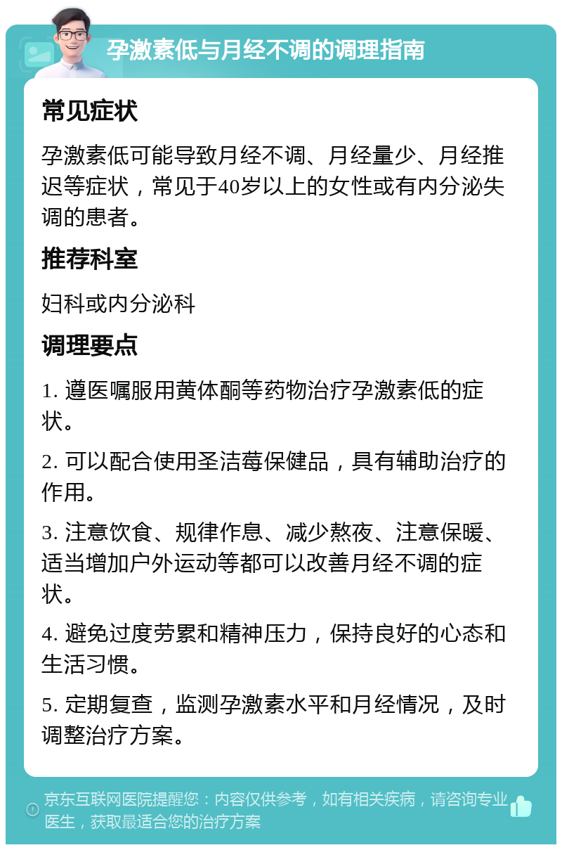 孕激素低与月经不调的调理指南 常见症状 孕激素低可能导致月经不调、月经量少、月经推迟等症状，常见于40岁以上的女性或有内分泌失调的患者。 推荐科室 妇科或内分泌科 调理要点 1. 遵医嘱服用黄体酮等药物治疗孕激素低的症状。 2. 可以配合使用圣洁莓保健品，具有辅助治疗的作用。 3. 注意饮食、规律作息、减少熬夜、注意保暖、适当增加户外运动等都可以改善月经不调的症状。 4. 避免过度劳累和精神压力，保持良好的心态和生活习惯。 5. 定期复查，监测孕激素水平和月经情况，及时调整治疗方案。