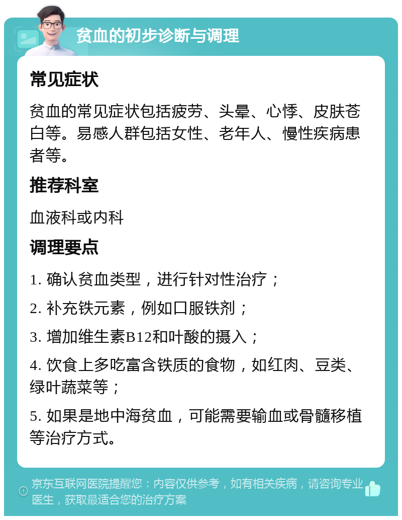 贫血的初步诊断与调理 常见症状 贫血的常见症状包括疲劳、头晕、心悸、皮肤苍白等。易感人群包括女性、老年人、慢性疾病患者等。 推荐科室 血液科或内科 调理要点 1. 确认贫血类型，进行针对性治疗； 2. 补充铁元素，例如口服铁剂； 3. 增加维生素B12和叶酸的摄入； 4. 饮食上多吃富含铁质的食物，如红肉、豆类、绿叶蔬菜等； 5. 如果是地中海贫血，可能需要输血或骨髓移植等治疗方式。