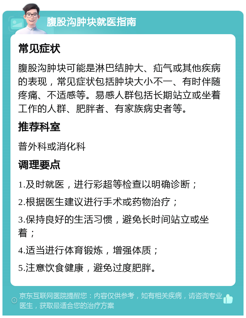 腹股沟肿块就医指南 常见症状 腹股沟肿块可能是淋巴结肿大、疝气或其他疾病的表现，常见症状包括肿块大小不一、有时伴随疼痛、不适感等。易感人群包括长期站立或坐着工作的人群、肥胖者、有家族病史者等。 推荐科室 普外科或消化科 调理要点 1.及时就医，进行彩超等检查以明确诊断； 2.根据医生建议进行手术或药物治疗； 3.保持良好的生活习惯，避免长时间站立或坐着； 4.适当进行体育锻炼，增强体质； 5.注意饮食健康，避免过度肥胖。