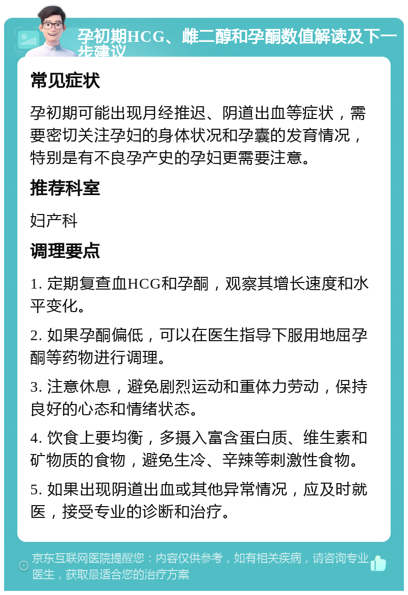 孕初期HCG、雌二醇和孕酮数值解读及下一步建议 常见症状 孕初期可能出现月经推迟、阴道出血等症状，需要密切关注孕妇的身体状况和孕囊的发育情况，特别是有不良孕产史的孕妇更需要注意。 推荐科室 妇产科 调理要点 1. 定期复查血HCG和孕酮，观察其增长速度和水平变化。 2. 如果孕酮偏低，可以在医生指导下服用地屈孕酮等药物进行调理。 3. 注意休息，避免剧烈运动和重体力劳动，保持良好的心态和情绪状态。 4. 饮食上要均衡，多摄入富含蛋白质、维生素和矿物质的食物，避免生冷、辛辣等刺激性食物。 5. 如果出现阴道出血或其他异常情况，应及时就医，接受专业的诊断和治疗。