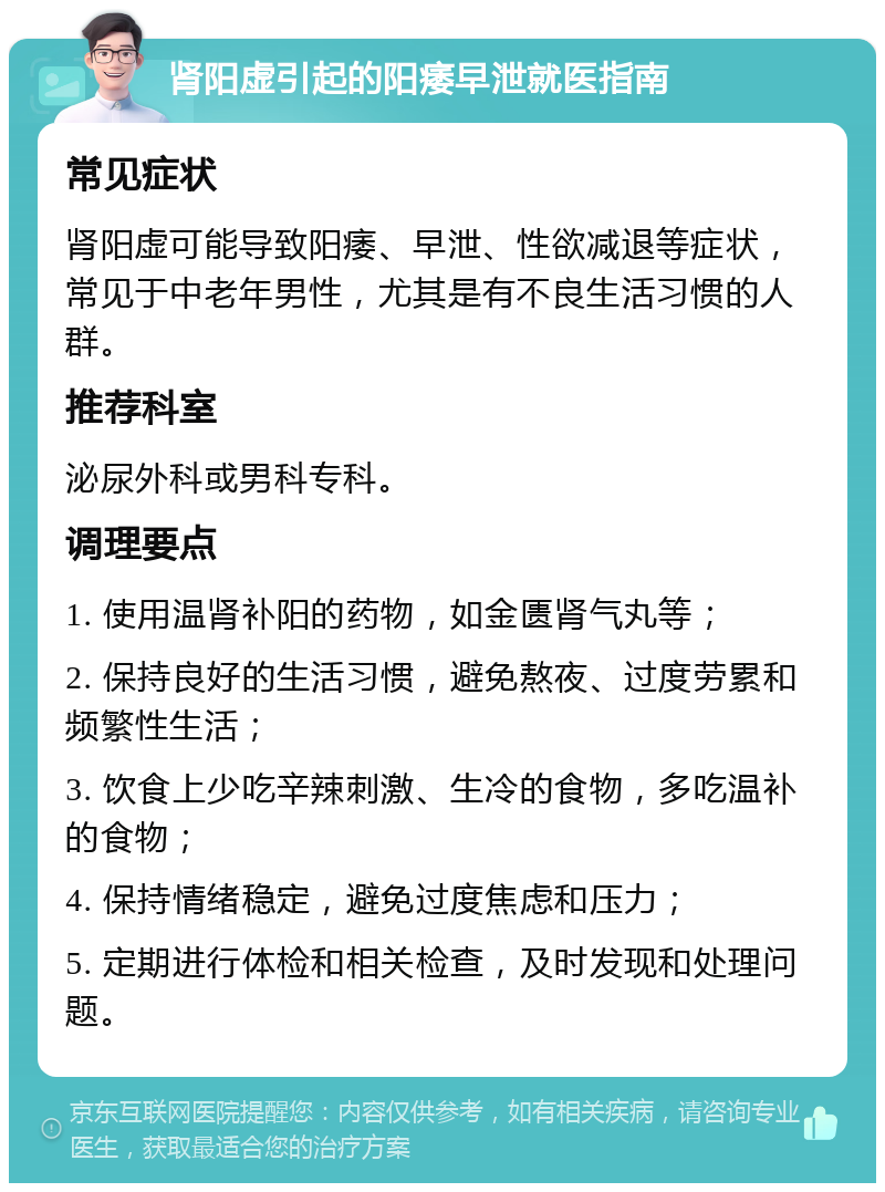 肾阳虚引起的阳痿早泄就医指南 常见症状 肾阳虚可能导致阳痿、早泄、性欲减退等症状，常见于中老年男性，尤其是有不良生活习惯的人群。 推荐科室 泌尿外科或男科专科。 调理要点 1. 使用温肾补阳的药物，如金匮肾气丸等； 2. 保持良好的生活习惯，避免熬夜、过度劳累和频繁性生活； 3. 饮食上少吃辛辣刺激、生冷的食物，多吃温补的食物； 4. 保持情绪稳定，避免过度焦虑和压力； 5. 定期进行体检和相关检查，及时发现和处理问题。