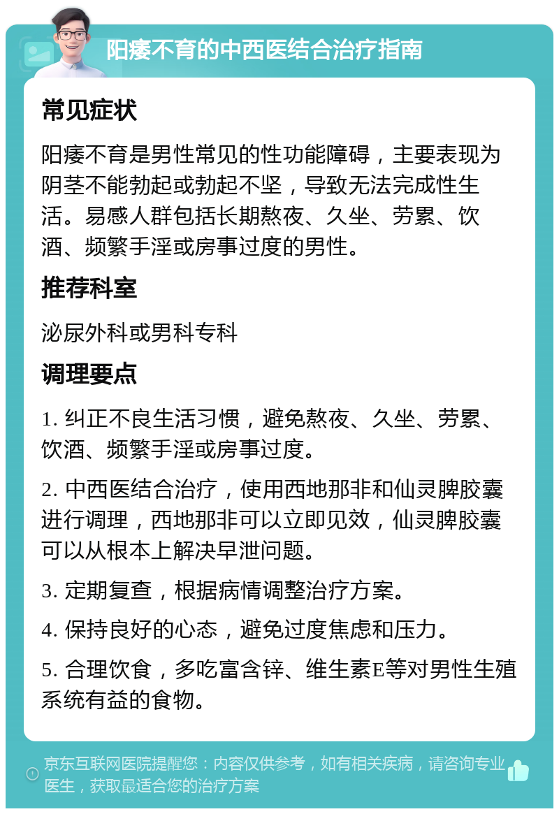 阳痿不育的中西医结合治疗指南 常见症状 阳痿不育是男性常见的性功能障碍，主要表现为阴茎不能勃起或勃起不坚，导致无法完成性生活。易感人群包括长期熬夜、久坐、劳累、饮酒、频繁手淫或房事过度的男性。 推荐科室 泌尿外科或男科专科 调理要点 1. 纠正不良生活习惯，避免熬夜、久坐、劳累、饮酒、频繁手淫或房事过度。 2. 中西医结合治疗，使用西地那非和仙灵脾胶囊进行调理，西地那非可以立即见效，仙灵脾胶囊可以从根本上解决早泄问题。 3. 定期复查，根据病情调整治疗方案。 4. 保持良好的心态，避免过度焦虑和压力。 5. 合理饮食，多吃富含锌、维生素E等对男性生殖系统有益的食物。