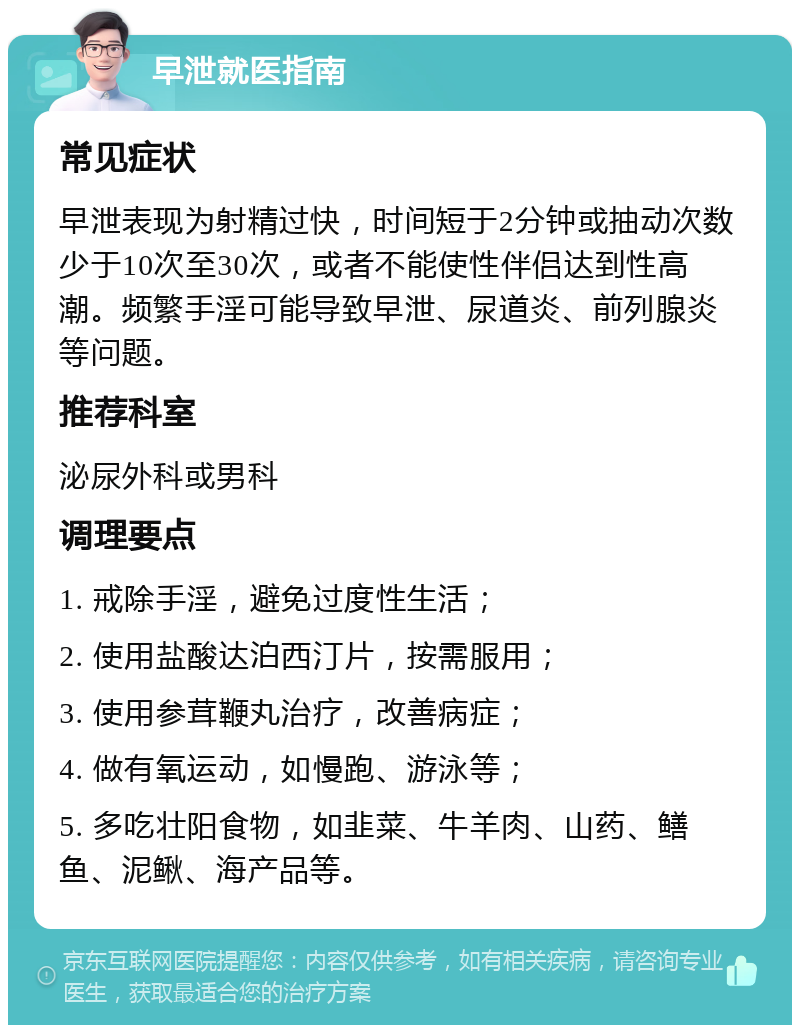 早泄就医指南 常见症状 早泄表现为射精过快，时间短于2分钟或抽动次数少于10次至30次，或者不能使性伴侣达到性高潮。频繁手淫可能导致早泄、尿道炎、前列腺炎等问题。 推荐科室 泌尿外科或男科 调理要点 1. 戒除手淫，避免过度性生活； 2. 使用盐酸达泊西汀片，按需服用； 3. 使用参茸鞭丸治疗，改善病症； 4. 做有氧运动，如慢跑、游泳等； 5. 多吃壮阳食物，如韭菜、牛羊肉、山药、鳝鱼、泥鳅、海产品等。