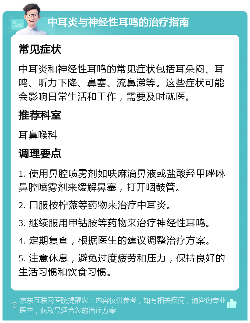 中耳炎与神经性耳鸣的治疗指南 常见症状 中耳炎和神经性耳鸣的常见症状包括耳朵闷、耳鸣、听力下降、鼻塞、流鼻涕等。这些症状可能会影响日常生活和工作，需要及时就医。 推荐科室 耳鼻喉科 调理要点 1. 使用鼻腔喷雾剂如呋麻滴鼻液或盐酸羟甲唑啉鼻腔喷雾剂来缓解鼻塞，打开咽鼓管。 2. 口服桉柠蒎等药物来治疗中耳炎。 3. 继续服用甲钴胺等药物来治疗神经性耳鸣。 4. 定期复查，根据医生的建议调整治疗方案。 5. 注意休息，避免过度疲劳和压力，保持良好的生活习惯和饮食习惯。