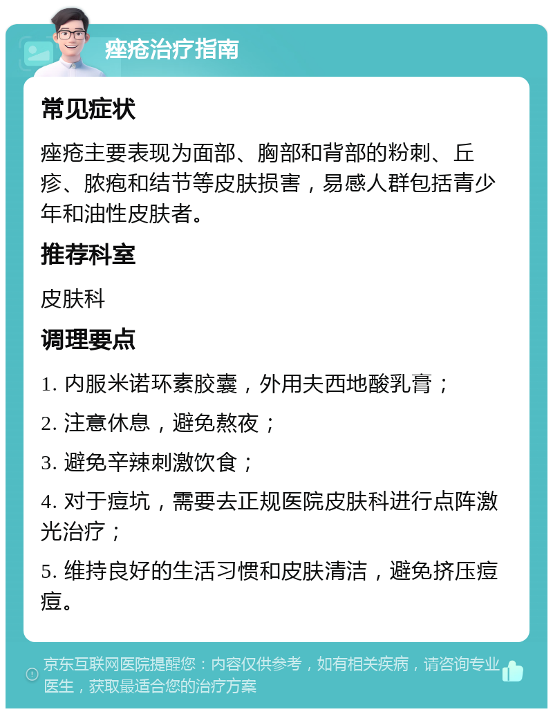 痤疮治疗指南 常见症状 痤疮主要表现为面部、胸部和背部的粉刺、丘疹、脓疱和结节等皮肤损害，易感人群包括青少年和油性皮肤者。 推荐科室 皮肤科 调理要点 1. 内服米诺环素胶囊，外用夫西地酸乳膏； 2. 注意休息，避免熬夜； 3. 避免辛辣刺激饮食； 4. 对于痘坑，需要去正规医院皮肤科进行点阵激光治疗； 5. 维持良好的生活习惯和皮肤清洁，避免挤压痘痘。