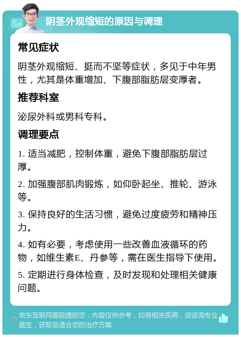 阴茎外观缩短的原因与调理 常见症状 阴茎外观缩短、挺而不坚等症状，多见于中年男性，尤其是体重增加、下腹部脂肪层变厚者。 推荐科室 泌尿外科或男科专科。 调理要点 1. 适当减肥，控制体重，避免下腹部脂肪层过厚。 2. 加强腹部肌肉锻炼，如仰卧起坐、推轮、游泳等。 3. 保持良好的生活习惯，避免过度疲劳和精神压力。 4. 如有必要，考虑使用一些改善血液循环的药物，如维生素E、丹参等，需在医生指导下使用。 5. 定期进行身体检查，及时发现和处理相关健康问题。