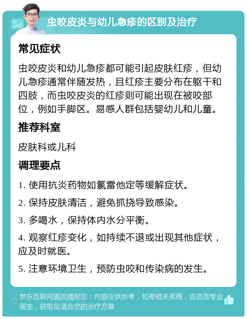 虫咬皮炎与幼儿急疹的区别及治疗 常见症状 虫咬皮炎和幼儿急疹都可能引起皮肤红疹，但幼儿急疹通常伴随发热，且红疹主要分布在躯干和四肢，而虫咬皮炎的红疹则可能出现在被咬部位，例如手脚区。易感人群包括婴幼儿和儿童。 推荐科室 皮肤科或儿科 调理要点 1. 使用抗炎药物如氯雷他定等缓解症状。 2. 保持皮肤清洁，避免抓挠导致感染。 3. 多喝水，保持体内水分平衡。 4. 观察红疹变化，如持续不退或出现其他症状，应及时就医。 5. 注意环境卫生，预防虫咬和传染病的发生。