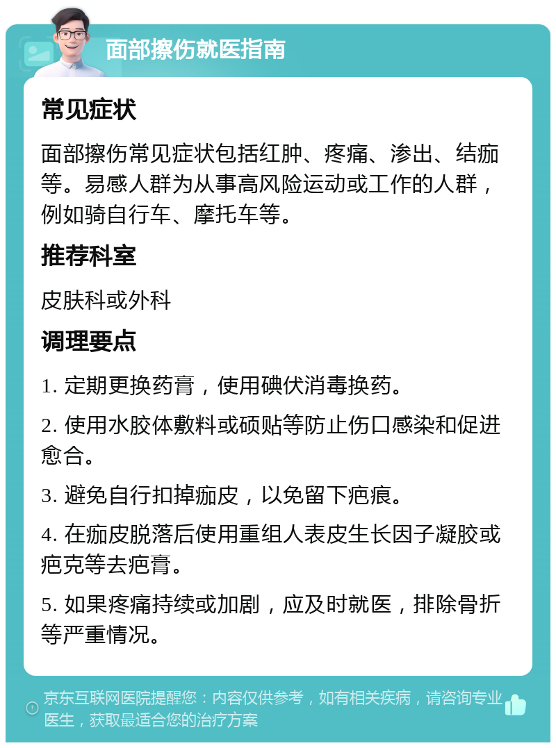 面部擦伤就医指南 常见症状 面部擦伤常见症状包括红肿、疼痛、渗出、结痂等。易感人群为从事高风险运动或工作的人群，例如骑自行车、摩托车等。 推荐科室 皮肤科或外科 调理要点 1. 定期更换药膏，使用碘伏消毒换药。 2. 使用水胶体敷料或硕贴等防止伤口感染和促进愈合。 3. 避免自行扣掉痂皮，以免留下疤痕。 4. 在痂皮脱落后使用重组人表皮生长因子凝胶或疤克等去疤膏。 5. 如果疼痛持续或加剧，应及时就医，排除骨折等严重情况。