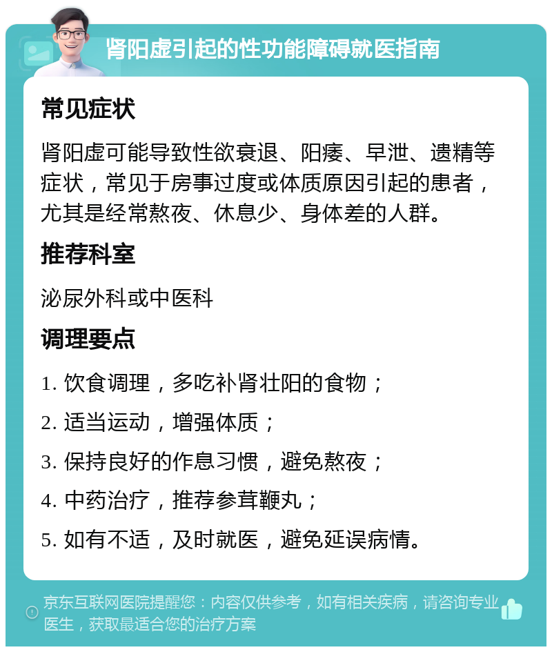 肾阳虚引起的性功能障碍就医指南 常见症状 肾阳虚可能导致性欲衰退、阳痿、早泄、遗精等症状，常见于房事过度或体质原因引起的患者，尤其是经常熬夜、休息少、身体差的人群。 推荐科室 泌尿外科或中医科 调理要点 1. 饮食调理，多吃补肾壮阳的食物； 2. 适当运动，增强体质； 3. 保持良好的作息习惯，避免熬夜； 4. 中药治疗，推荐参茸鞭丸； 5. 如有不适，及时就医，避免延误病情。