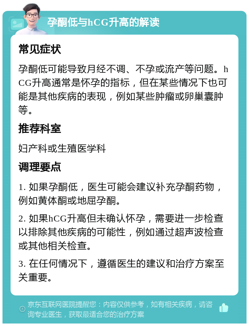 孕酮低与hCG升高的解读 常见症状 孕酮低可能导致月经不调、不孕或流产等问题。hCG升高通常是怀孕的指标，但在某些情况下也可能是其他疾病的表现，例如某些肿瘤或卵巢囊肿等。 推荐科室 妇产科或生殖医学科 调理要点 1. 如果孕酮低，医生可能会建议补充孕酮药物，例如黄体酮或地屈孕酮。 2. 如果hCG升高但未确认怀孕，需要进一步检查以排除其他疾病的可能性，例如通过超声波检查或其他相关检查。 3. 在任何情况下，遵循医生的建议和治疗方案至关重要。