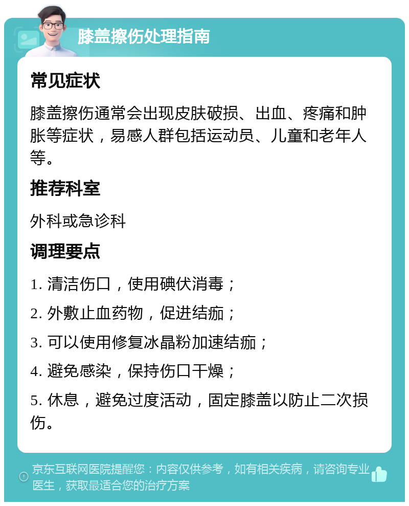 膝盖擦伤处理指南 常见症状 膝盖擦伤通常会出现皮肤破损、出血、疼痛和肿胀等症状，易感人群包括运动员、儿童和老年人等。 推荐科室 外科或急诊科 调理要点 1. 清洁伤口，使用碘伏消毒； 2. 外敷止血药物，促进结痂； 3. 可以使用修复冰晶粉加速结痂； 4. 避免感染，保持伤口干燥； 5. 休息，避免过度活动，固定膝盖以防止二次损伤。