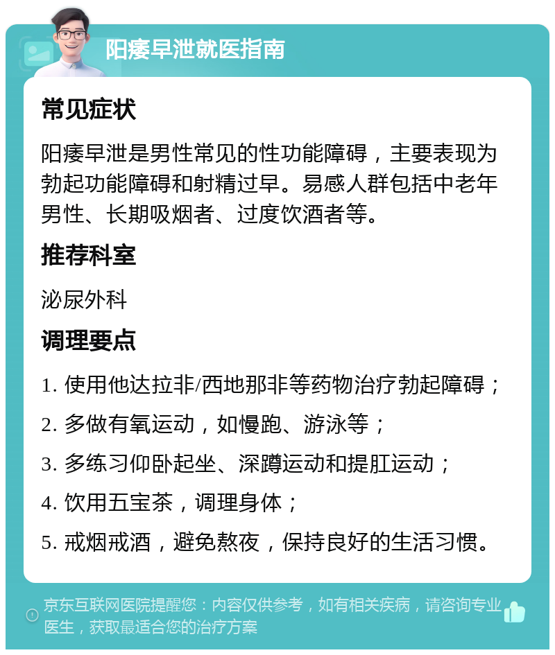 阳痿早泄就医指南 常见症状 阳痿早泄是男性常见的性功能障碍，主要表现为勃起功能障碍和射精过早。易感人群包括中老年男性、长期吸烟者、过度饮酒者等。 推荐科室 泌尿外科 调理要点 1. 使用他达拉非/西地那非等药物治疗勃起障碍； 2. 多做有氧运动，如慢跑、游泳等； 3. 多练习仰卧起坐、深蹲运动和提肛运动； 4. 饮用五宝茶，调理身体； 5. 戒烟戒酒，避免熬夜，保持良好的生活习惯。