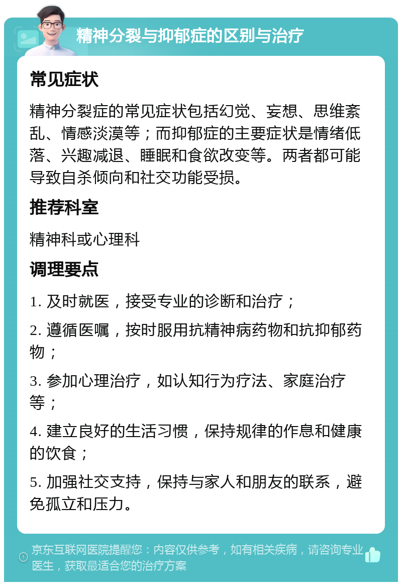 精神分裂与抑郁症的区别与治疗 常见症状 精神分裂症的常见症状包括幻觉、妄想、思维紊乱、情感淡漠等；而抑郁症的主要症状是情绪低落、兴趣减退、睡眠和食欲改变等。两者都可能导致自杀倾向和社交功能受损。 推荐科室 精神科或心理科 调理要点 1. 及时就医，接受专业的诊断和治疗； 2. 遵循医嘱，按时服用抗精神病药物和抗抑郁药物； 3. 参加心理治疗，如认知行为疗法、家庭治疗等； 4. 建立良好的生活习惯，保持规律的作息和健康的饮食； 5. 加强社交支持，保持与家人和朋友的联系，避免孤立和压力。